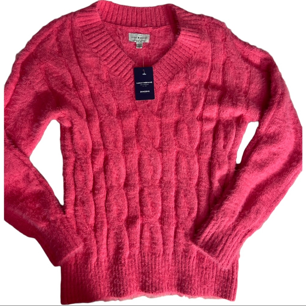 NWT Lucky Brand Fuzzy Pink V-Neck Sweater - S